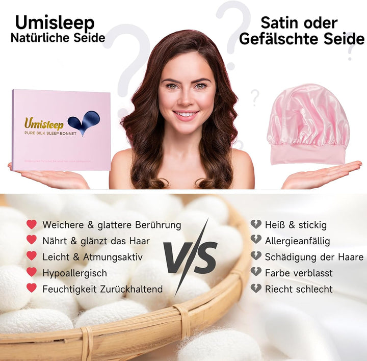Umisleep 22 Momme Schlafmütze aus 100% Maulbeerseide, doppelseidige weiche Nachtmütze für lockiges H
