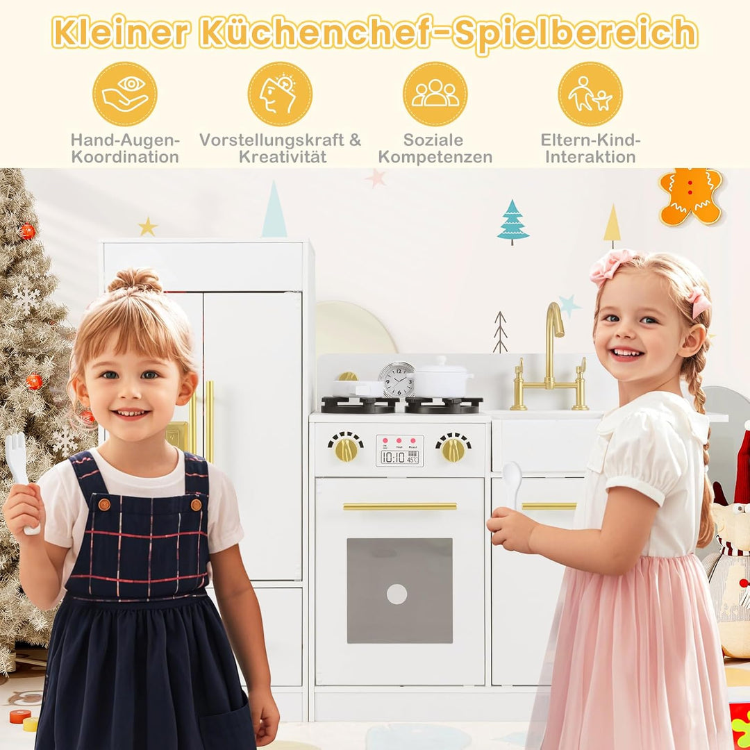 COSTWAY Kinderküche mit Kühlschrank, Spielküche Holz mit Herd & Spüle & Spülmaschine, Spielzeugküche