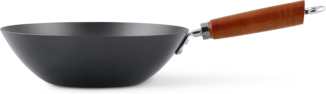 Ken Hom KH331051 Carbonstahl Wokpfanne Set, 31cm, Classic, Nicht-Induktion/Holzgriff/Pfanne mit Flac