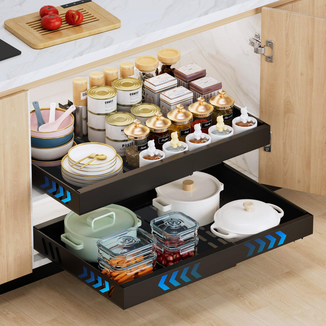 2 Pack erweiterbar Pull Out Cabinet Organizer Adhesive, Peel und Stick Slide Out Schubladen für Küch