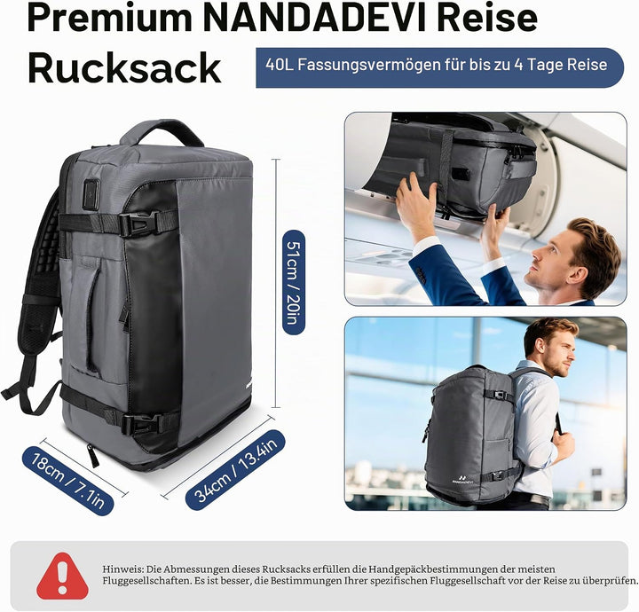 NANDADEVI Rucksack Herren, 40l, grosser, robuster, wasserabweisender Wanderrucksack mit Trocken- und