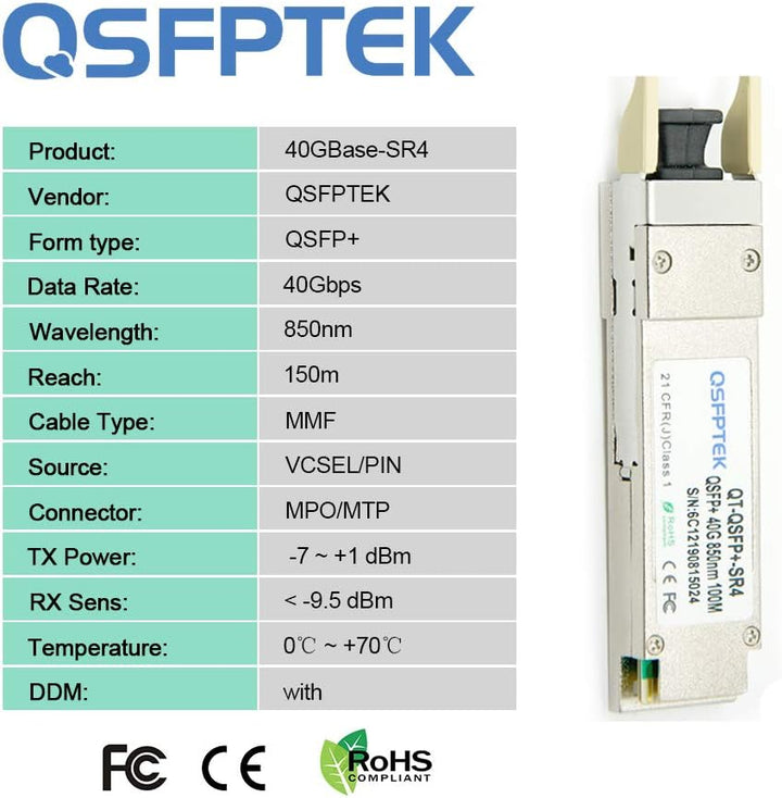 QSFPTEK 40G QSFP+ Module MTP/MPO Multi-Mode Transceiver 40GBASE-SR4 for Cisco QSFP-40G-SR4 (850nm, 1