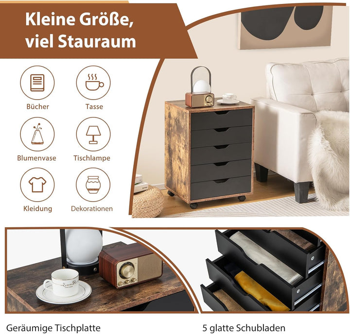 GOPLUS Schubladenschrank mit Rollen, Rollcontainer mit 5 Schubladen, Griffmulden, mobiler Bürocontai