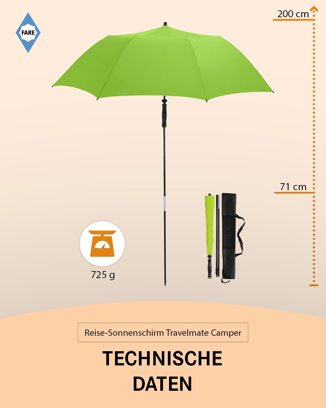 FARE Reise-Sonnenschirm Travelmate Camper UV Schutz 50+ für Koffer Flugzeug Camping Balkon Strand Ga