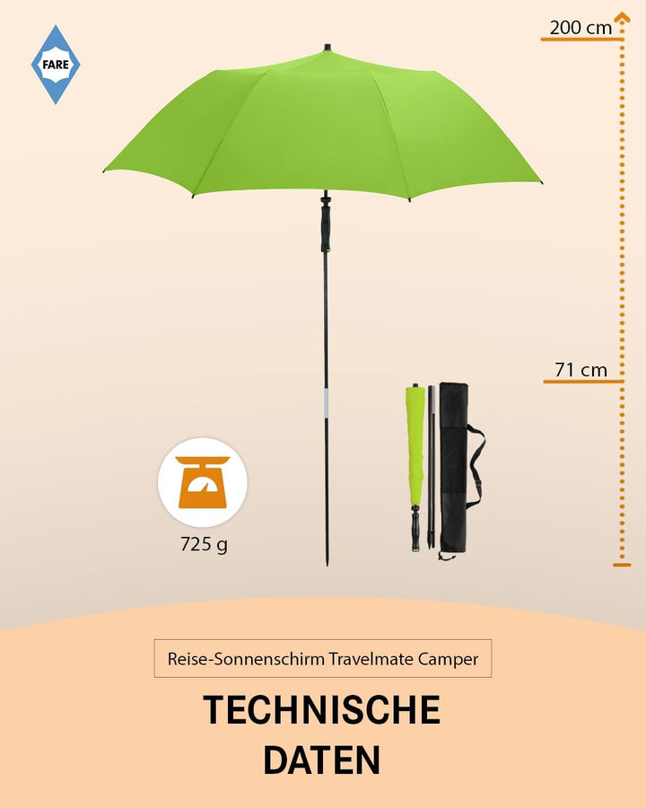 FARE Reise-Sonnenschirm Travelmate Camper UV Schutz 50+ für Koffer Flugzeug Camping Balkon Strand Ga