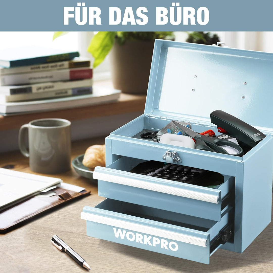 WORKPRO Metall Schubladenbox mit 2 Schubladen & Oberer Stauraum Hellblau, 27,5x15x20,8cm Tisch Organ