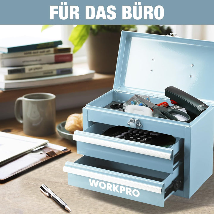 WORKPRO Metall Schubladenbox mit 2 Schubladen & Oberer Stauraum Hellblau, 27,5x15x20,8cm Tisch Organ