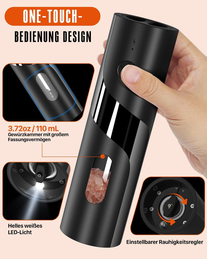 Homtronic Elektrische Salz und Pfeffermühlen 2er Set, Gewürzmühlenset Elektrische mit Wiederaufladba