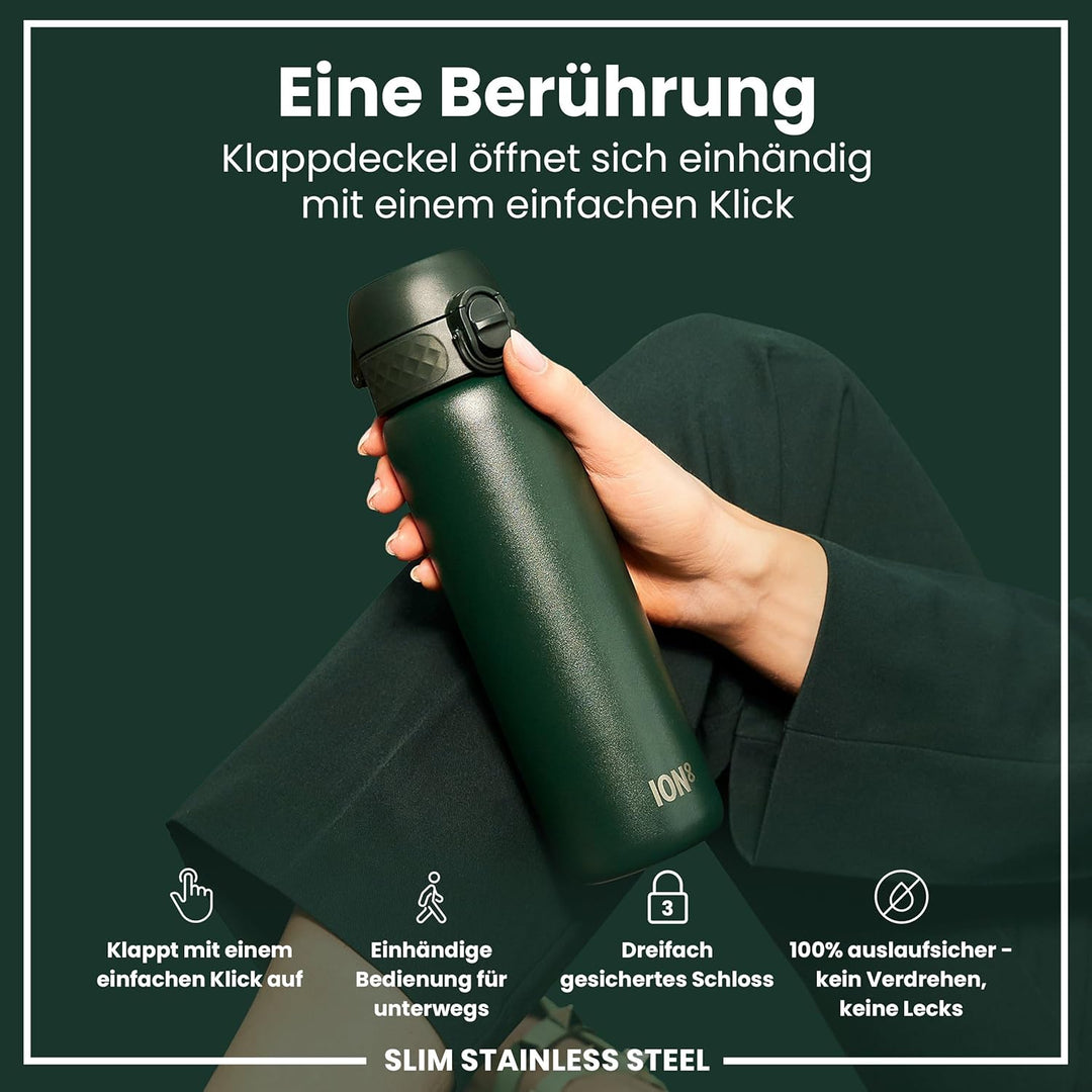 Ion8 Stahl-Trinkflasche, 600 ml, Auslaufsicher, Einhandöffnung, Sichere Verriegelung, Spülmaschinenf