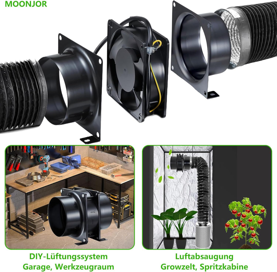 100mm Axial Rohrventilator, Moonjor 119m³/h Abluftventilator Kanalventilator mit Ein-Aus Schalter, 2