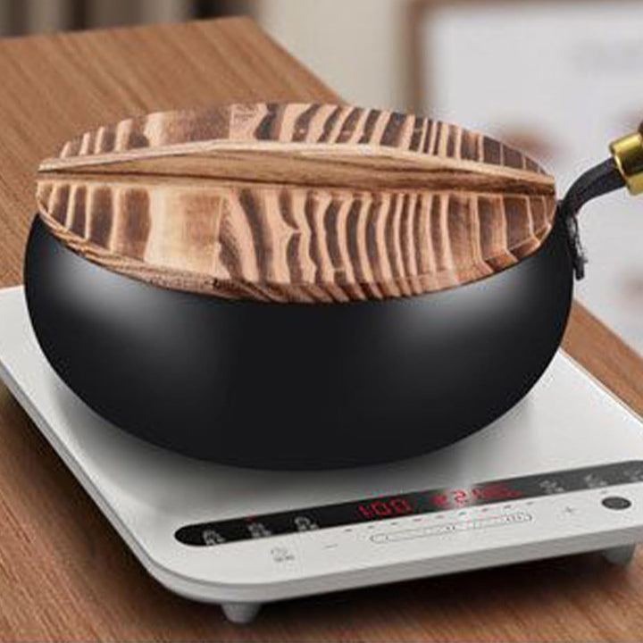 Koch-Wok, Eisen-Bratpfanne, 24 cm, kompakter, ergonomischer, unbeschichteter Wok mit Deckel, vielsei
