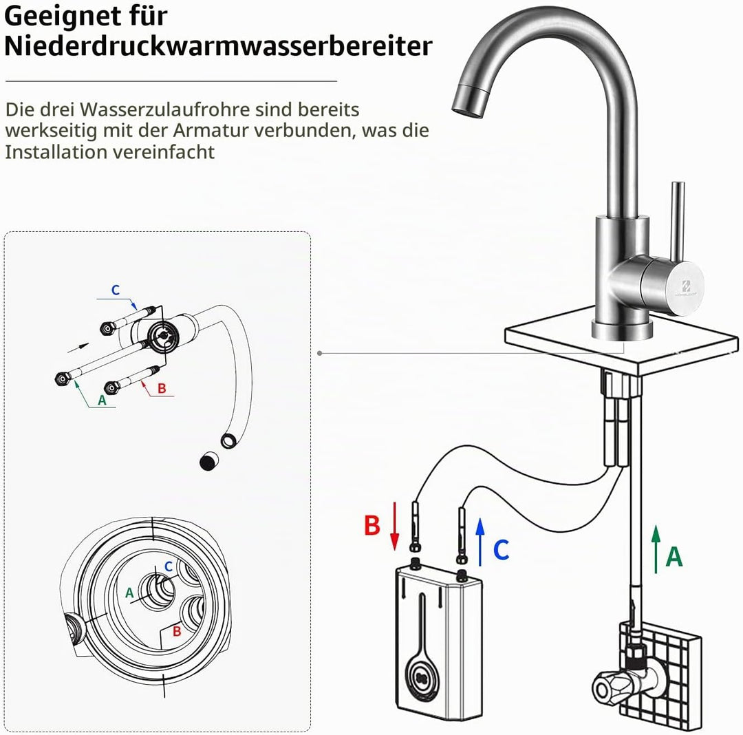 HOMELODY Niederdruck Wasserhahn Bad/Küche 360° Drehbar Badarmatur Küchenwasserhahn Einhebelmischer W