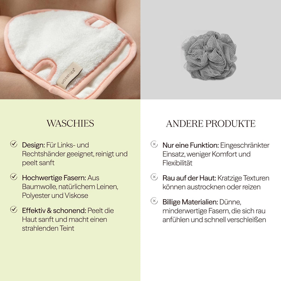 Waschies doppelseitige Waschhandschuhe – 2er-Set Beige/Weiss – sanftes Peeling & porentiefe Ganzkörp