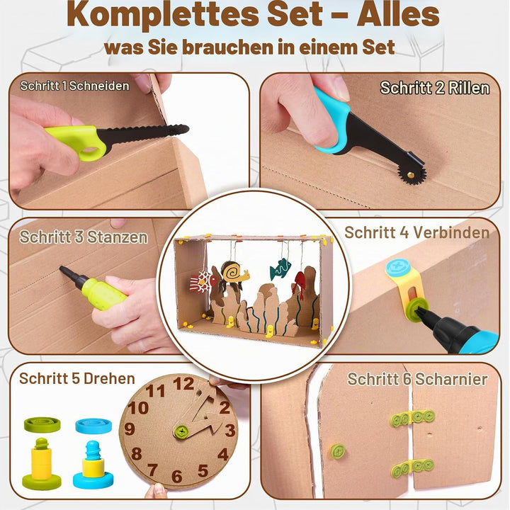 Karton-Baukasten mit Werkzeugen für Kinder – 3D Bastelset mit Sicherheitsringen, Schrauben &amp; Muttern