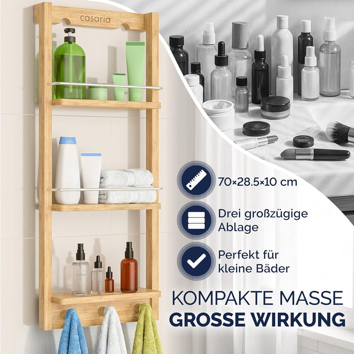 Casaria® Duschregal Zum Hängen 3 Ablagen 3 Haken 70x29x10cm Duschablage Hängend Badregal Bambus Holz