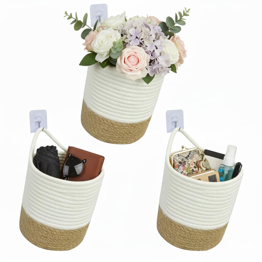 danpinera Hängekorb Set, Wandkörbe aus 100% Baumwolle, 17 x 20 cm, Hängekorb bad mit Griff zum Aufhä