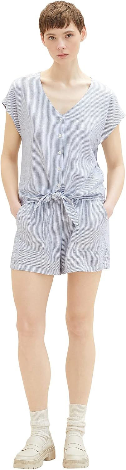 TOM TAILOR Denim Damen Basic Shorts aus Leinen XS 31715 - White Blue Vertical Stripe, XS 31715 - Whi