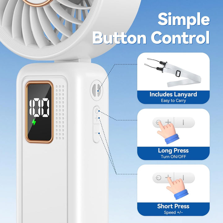 Handventilator, 6000mAh Handventilator Akku Aufladbar, 5 Stufen USB Ventilator Leise und Starke, 120