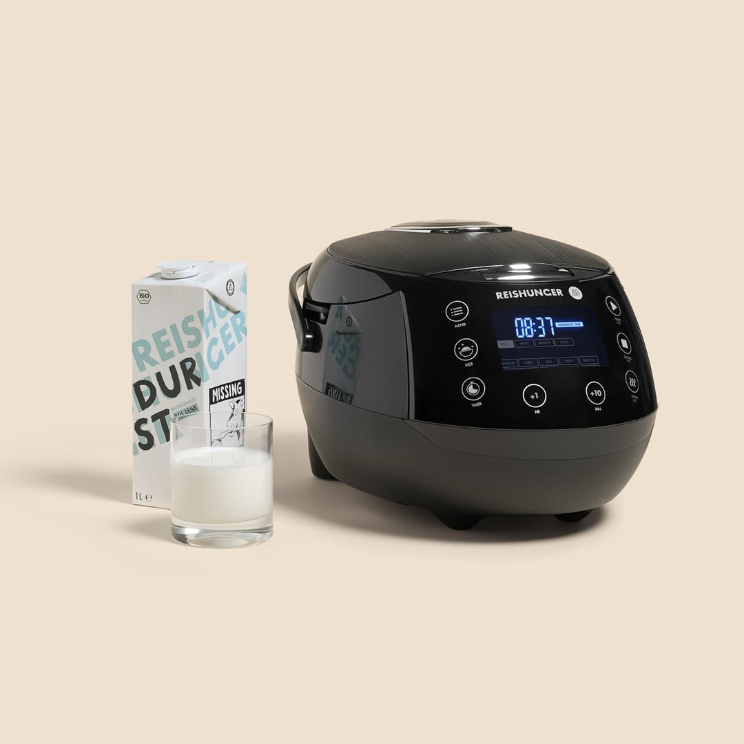Reishunger Digitaler Reiskocher & Dampfgarer Grau + Gratis Kochbuch – Warmhaltefunktion, Timer & Pre