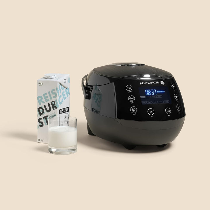 Reishunger Digitaler Reiskocher & Dampfgarer Schwarz + Gratis Kochbuch – Warmhaltefunktion, Timer &