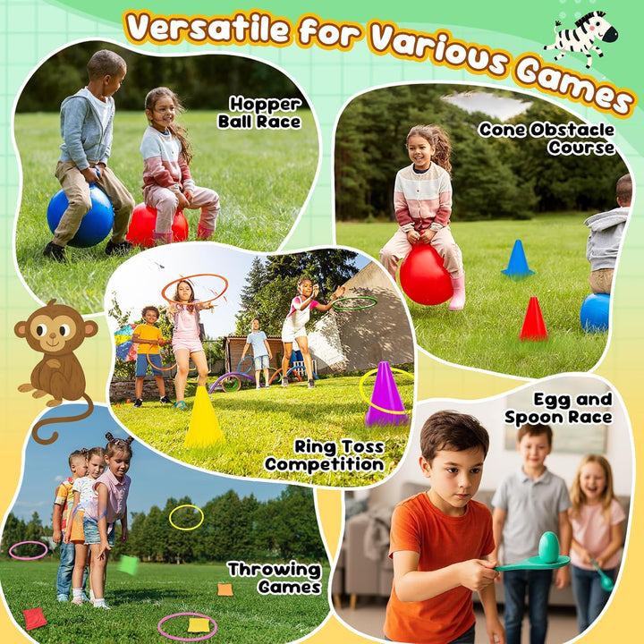JOY SPOT! 5 in 1 Outdoor Spiele für Kinder, 53 Stück Indoor Spiezeug, 45cm Hüpfbälle &amp; Ringwurfspiel