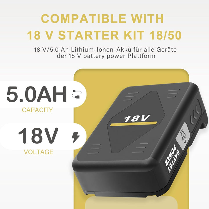 5.0 Ah Lithium-Ionen-Akku, kompatibel mit KARCHER 18 V Starter Kit 18/50 und Allen Geräten der 18-V-