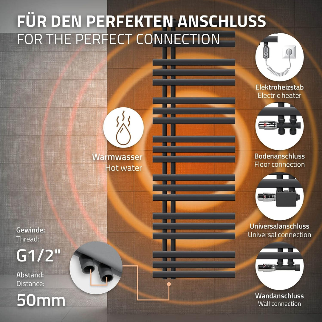 ECD Germany Iron EM Design Badheizkörper Elektrisch mit Heizstab 1200 W - 500 x 1600 mm - Anthrazit