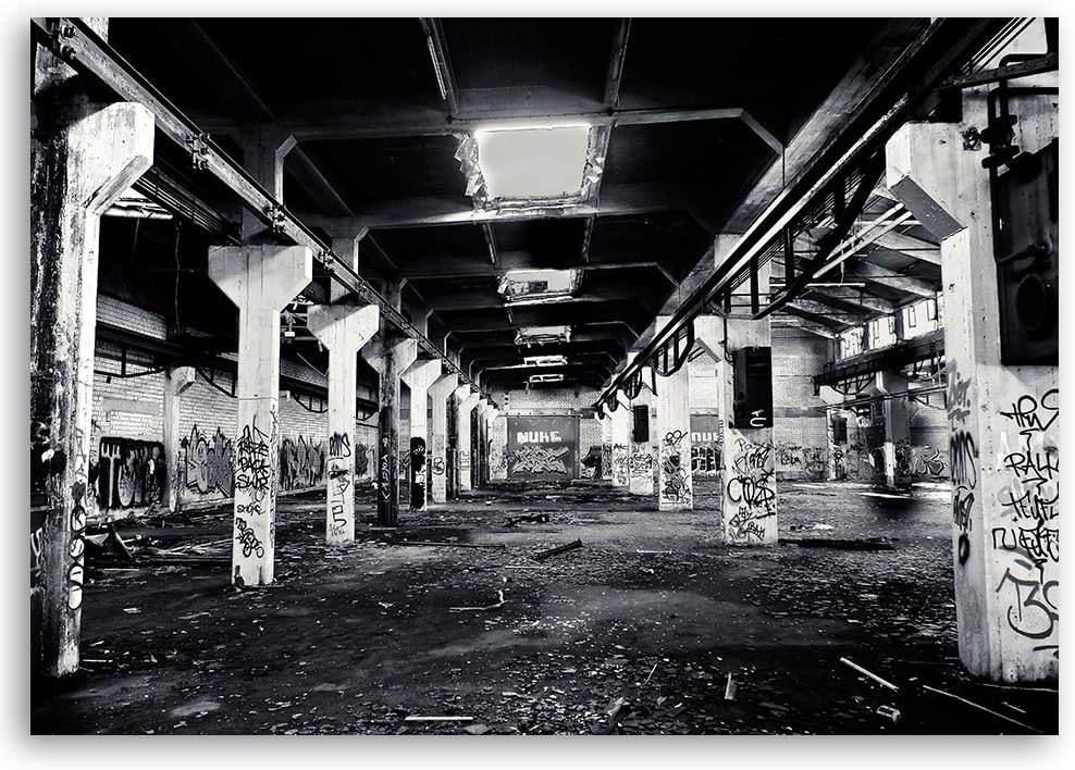 Wanddeko Street Art Kunst modern Bilder Fabrik schwarz-weiss 100x70 cm Deko Paneel 100x70 cm schwarz