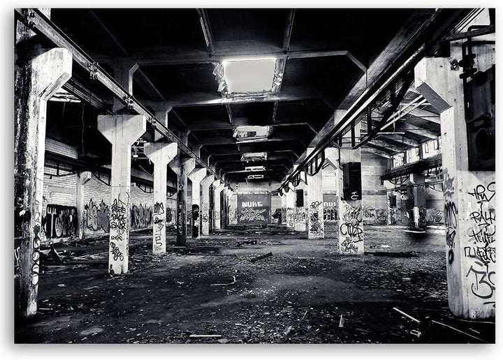 Wanddeko Street Art Kunst modern Bilder Fabrik schwarz-weiss 100x70 cm Deko Paneel 100x70 cm schwarz