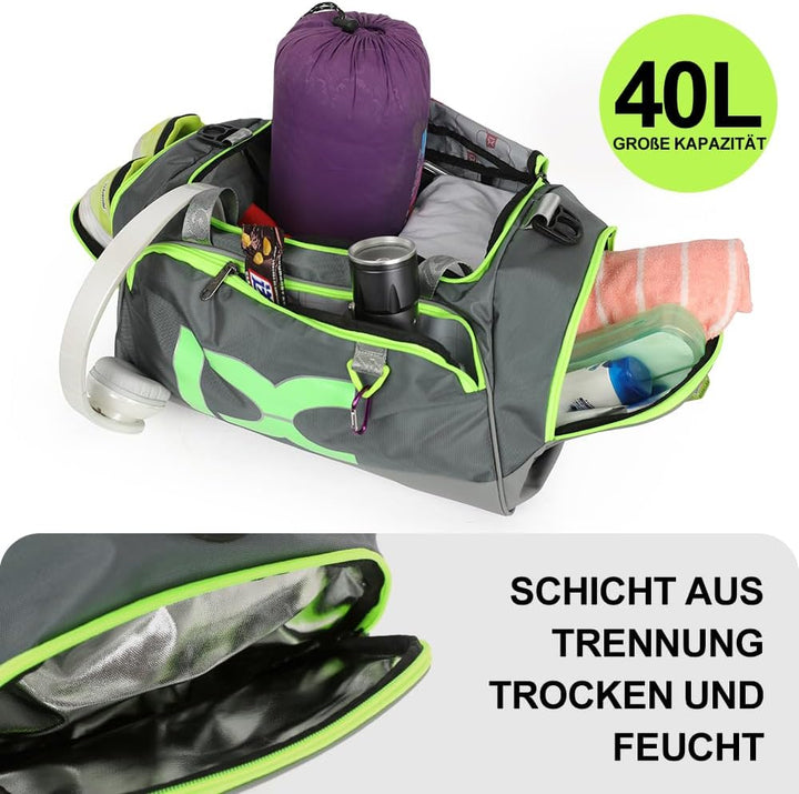 INOXTO Grosse Sporttasche, Faltbare Sport-Reisetasche mit Nass- und Trockentaschen und Schuhfach, He