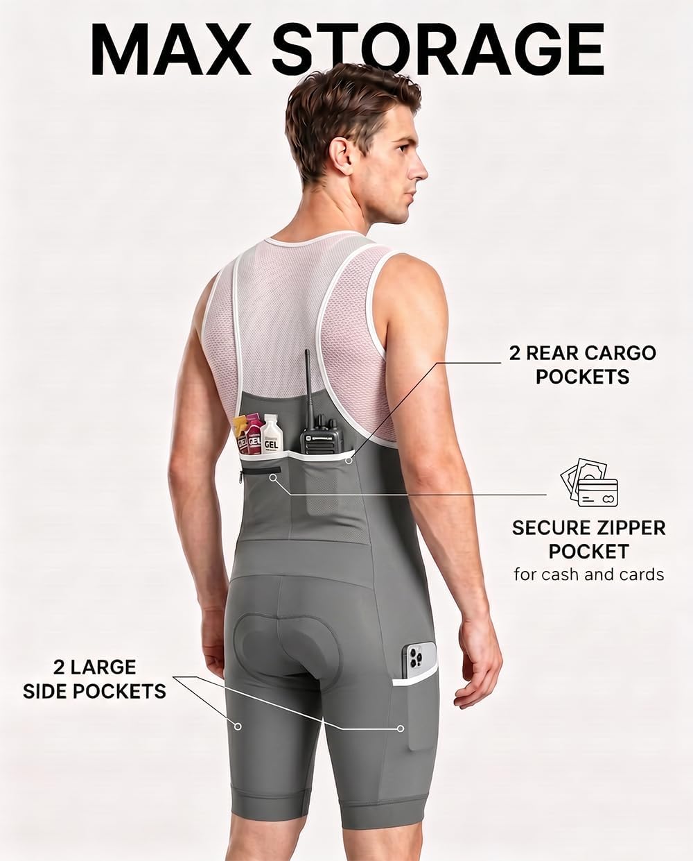 CEROTIPOLAR Radhosen für Herren, Lange Polsterung, Fahrrad-Bib-Shorts UPF50+ L Gray, L Gray