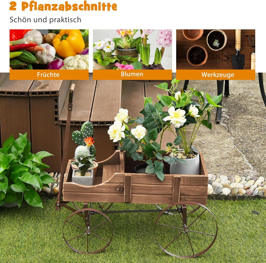 SOARS Blumenständer, Blumenwagen mit 4 Rädern aus Metall, Pflanzenständer aus Massivholz, Blumenkast