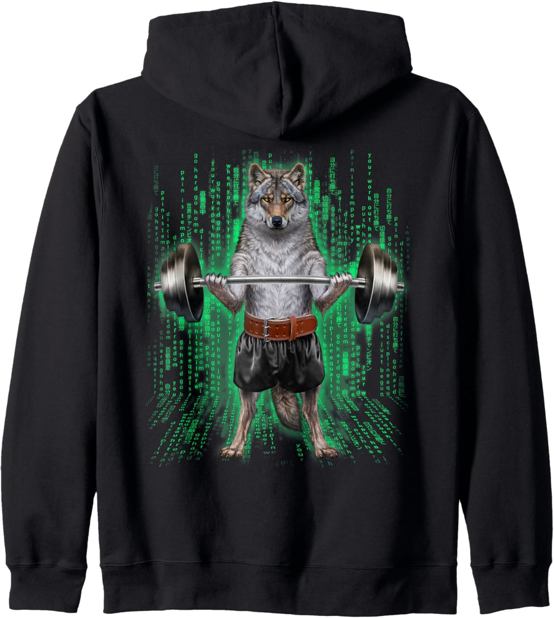 Wolf, der Gewichte im Cyber-Fitnessstudio hebt Kapuzenjacke
