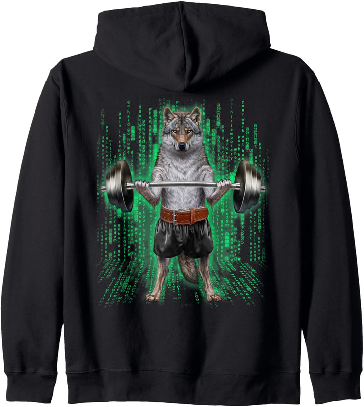 Wolf, der Gewichte im Cyber-Fitnessstudio hebt Kapuzenjacke