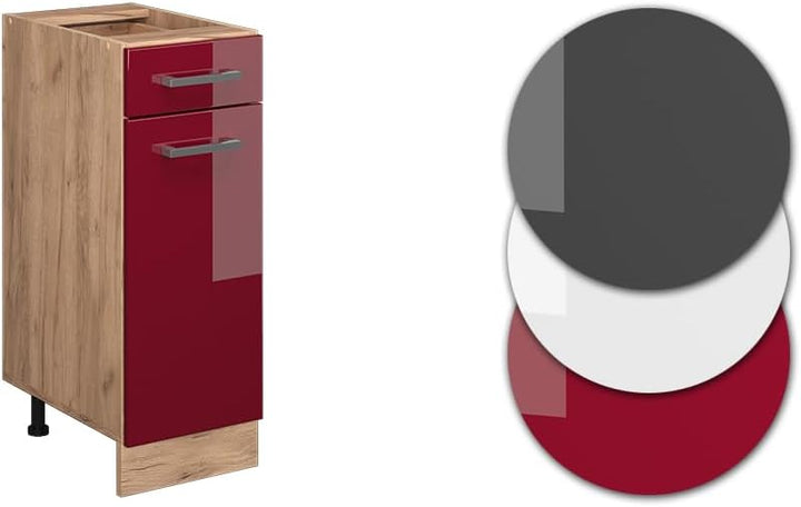 Vicco Küchenunterschrank R-Line, Schubladenschrank für die Küche, Bordeaux Hochglanz, 30 cm AP Marmo