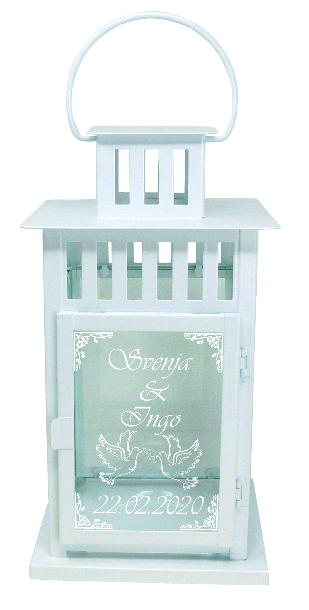 Hochzeits-Laterne Metall weiss Mod. 4 mit Motiv-Gravur 28x15,5x15,5 cm Weiss (Motiv), Weiss (Motiv)