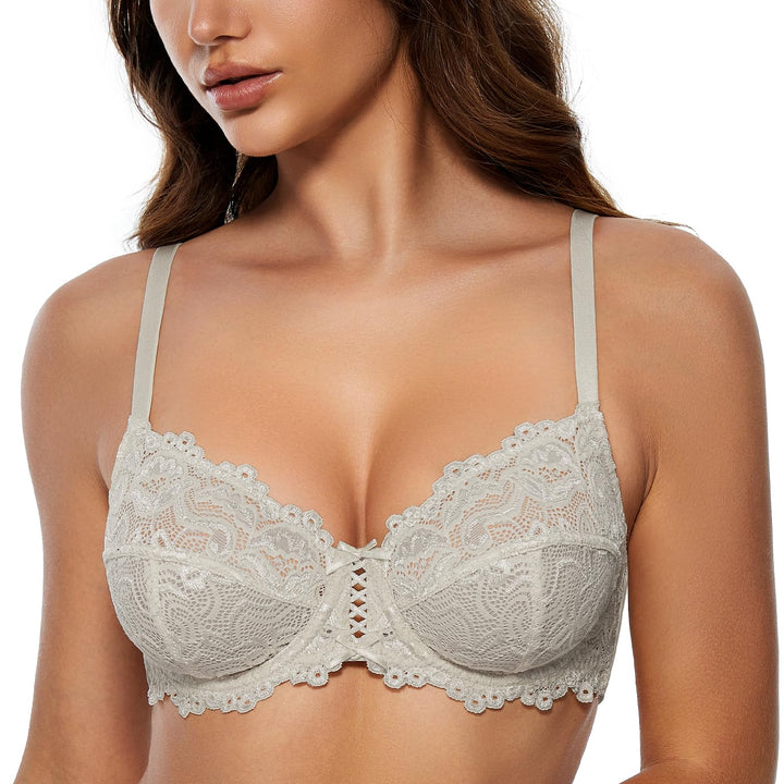 Wingslove Damen BH aus floraler Spitze Lace BH Bügel BH Ungepolstert Soft Cup Vollschalen 70B Hellgr