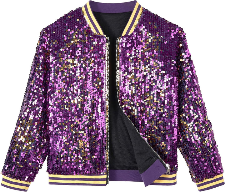 LOLANTA Mädchen Pailletten Bomberjacke mit Taschen Reissverschluss Langarm Glitzer Baseball Jacken f