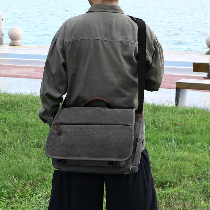 Eshow Umhängetasche Herren Wasserabweisend, Laptoptasche 17,3 Zoll aus Echtleder und Canvas, Messeng