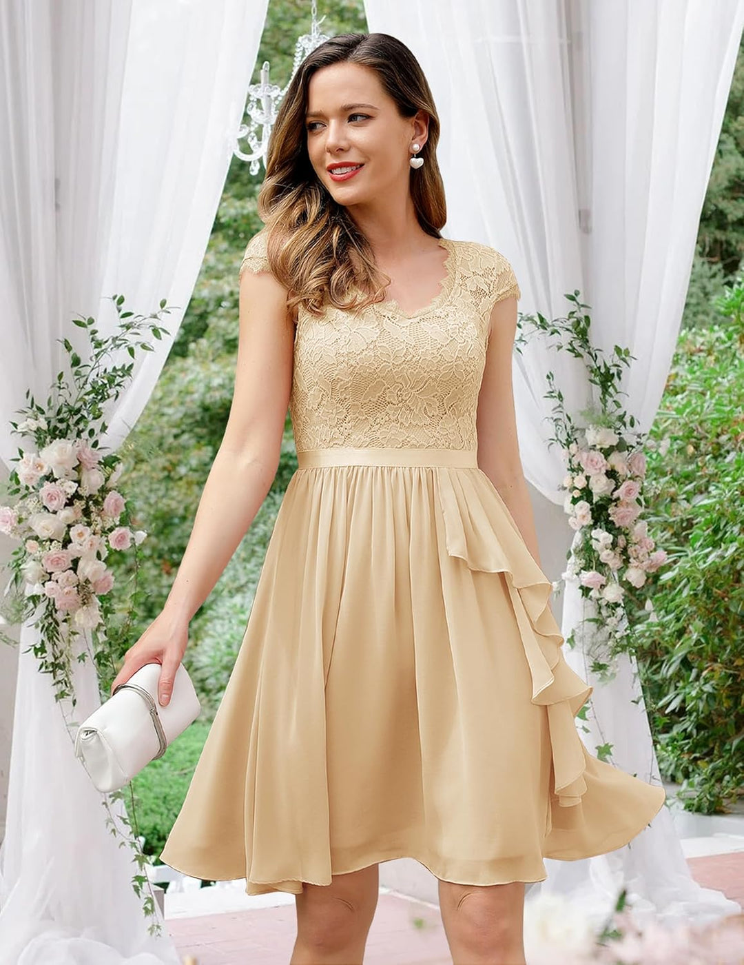 Wedtrend Cocktailkleid Damen Knielang Abendkleid Elegant für Hochzeit Elegant A Linie Rüschenkleid,