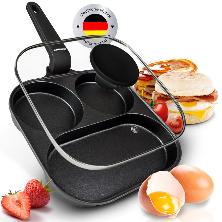 endusor Spiegeleipfanne mit Deckel (21cm) - Frühstückspfanne dreigeteilt mit Antihaft-Beschichtung f