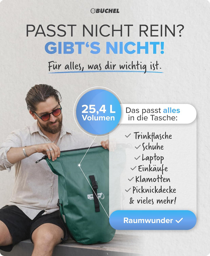 Büchel Fahrradtasche für Gepäckträger I 25.4 L - 100% Wasserdicht I mit Tragegriff und Schultergurt