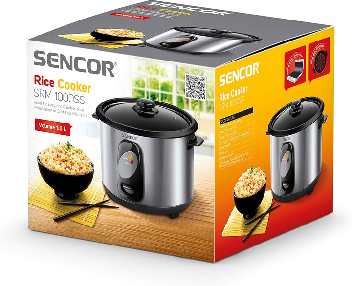 SENCOR SRM 1000SS Reiskocher( 400 Watt, Reiskocher mit Dampfgarer-Einsatz, Reislöffel, Messbecher, V