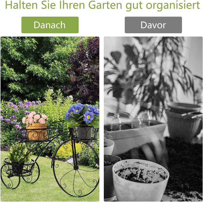 RELAX4LIFE Blumenständer Metall, Pflanzenregal Fahrrad Form, Pflanzenständer mit 3 Körben, Blumenreg