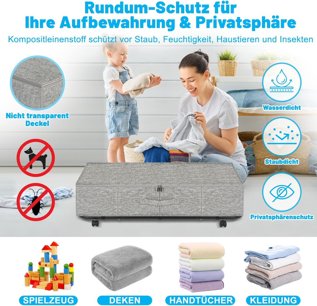 Unterbett Aufbewahrungsbox mit Rollen & 3 Griffen, 2er Set Faltbare Unterbett Kommode 50L, Faltbare