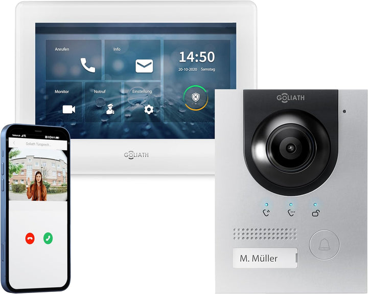 GOLIATH Full-HD Video Türsprechanlage, Aufputz Türstation in Silber, 1 Familienhaus Set, Touchscreen