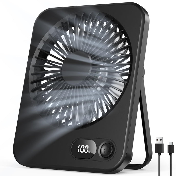 Tischventilator Kleiner - USB Ventilator mit 5 Stufen, 180° verstellbar, Ultra-Slim 3,8 cm, LED-Disp