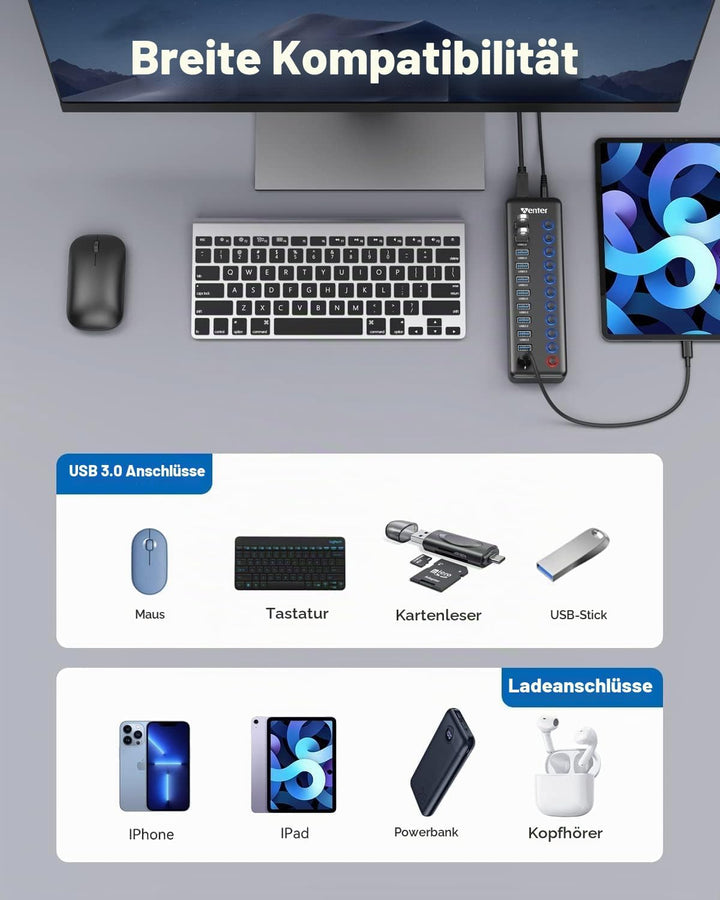 Powered USB Hub, Wenter 11-Port USB Splitter Hub (10 Faster Data Transfer Ports+ 1 Smart Charging Po