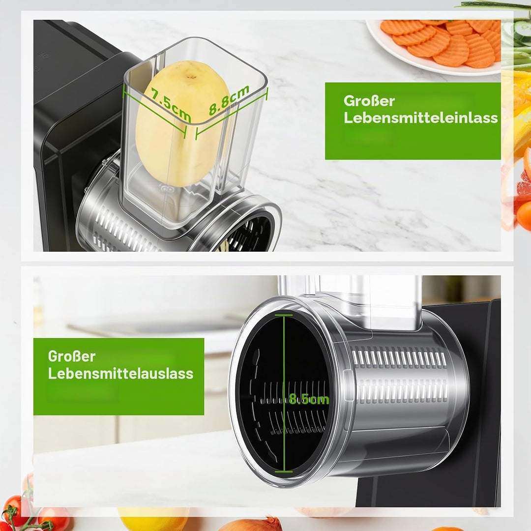 Gemüseschneider Elektrisch 250W, Gemüsehobel Elektrisch mit 7 Edelstahlklingen, Elektrische Reibe mi