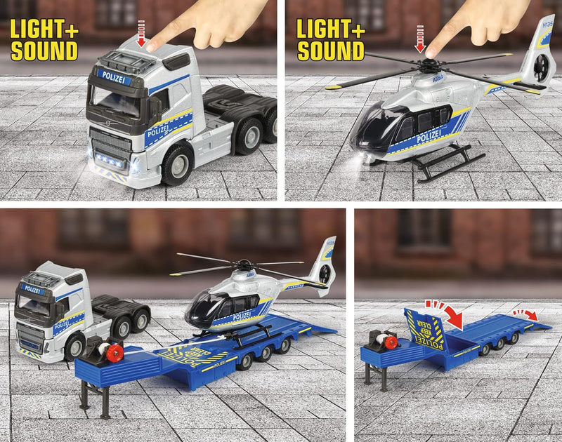 Majorette - Volvo Polizei-Transporter FH-16 (35 cm) – LKW mit Auflieger und Airbus Hubschrauber (25,